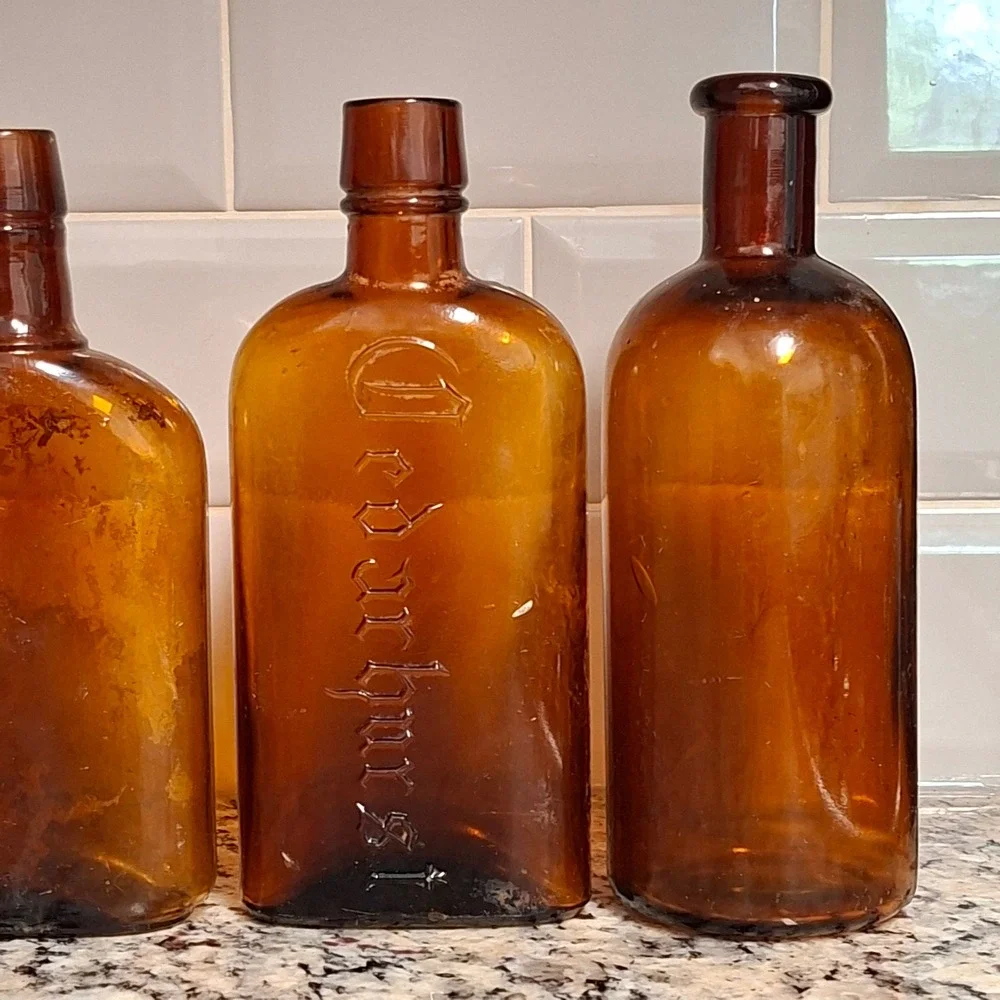 Antique Bottle Digging Lot 4 Dug Amber Whiskey Flask Milk Medicine 1914-1950